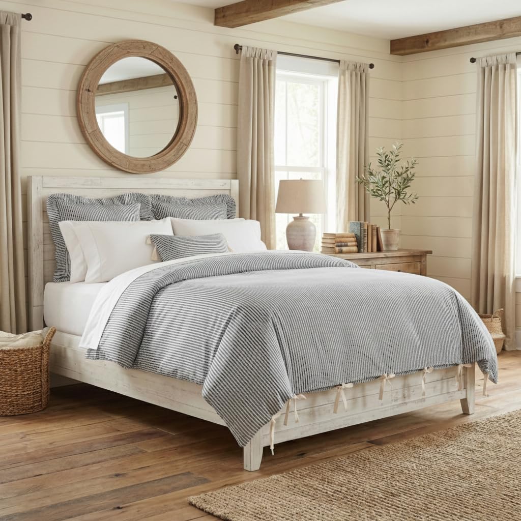 Farmhouse Ticking Gray Stripe Duvet Cover, 92" L x 108" W, Gray & Off White Comforter Cover, Soft, Comfortable