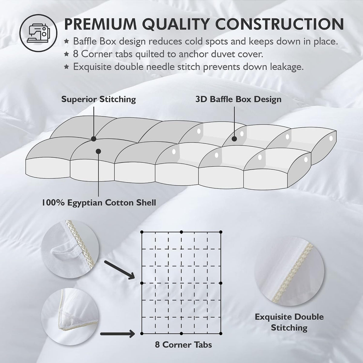 Luxurious All-Season Goose Down Feather Fiber Comforter Queen Duvet Insert, Exquisite Pinch Pleat Design, Premium