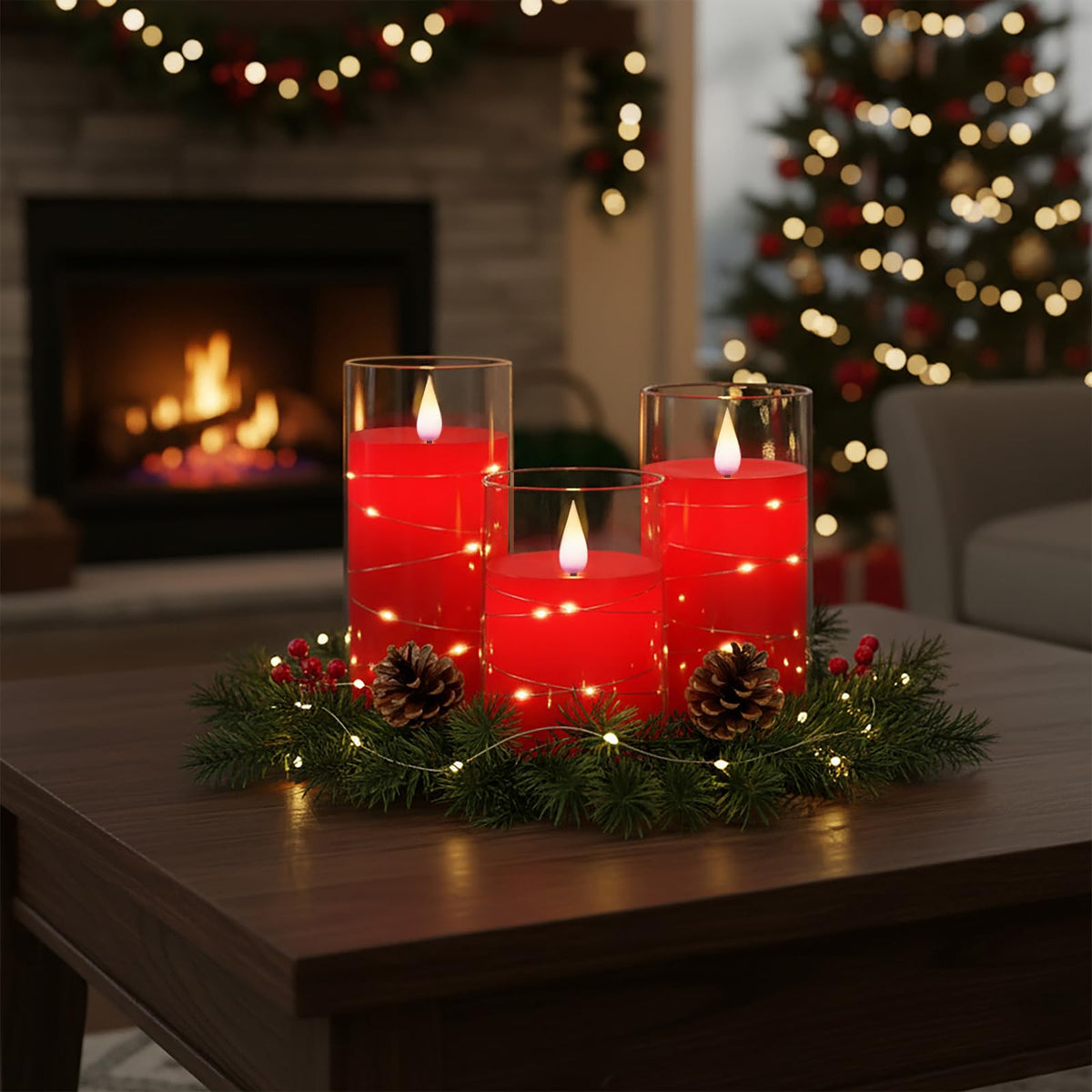 Flickering Flameless Candles with String Lights, Battery Operated Candles, Embedded String Lights LED Candles