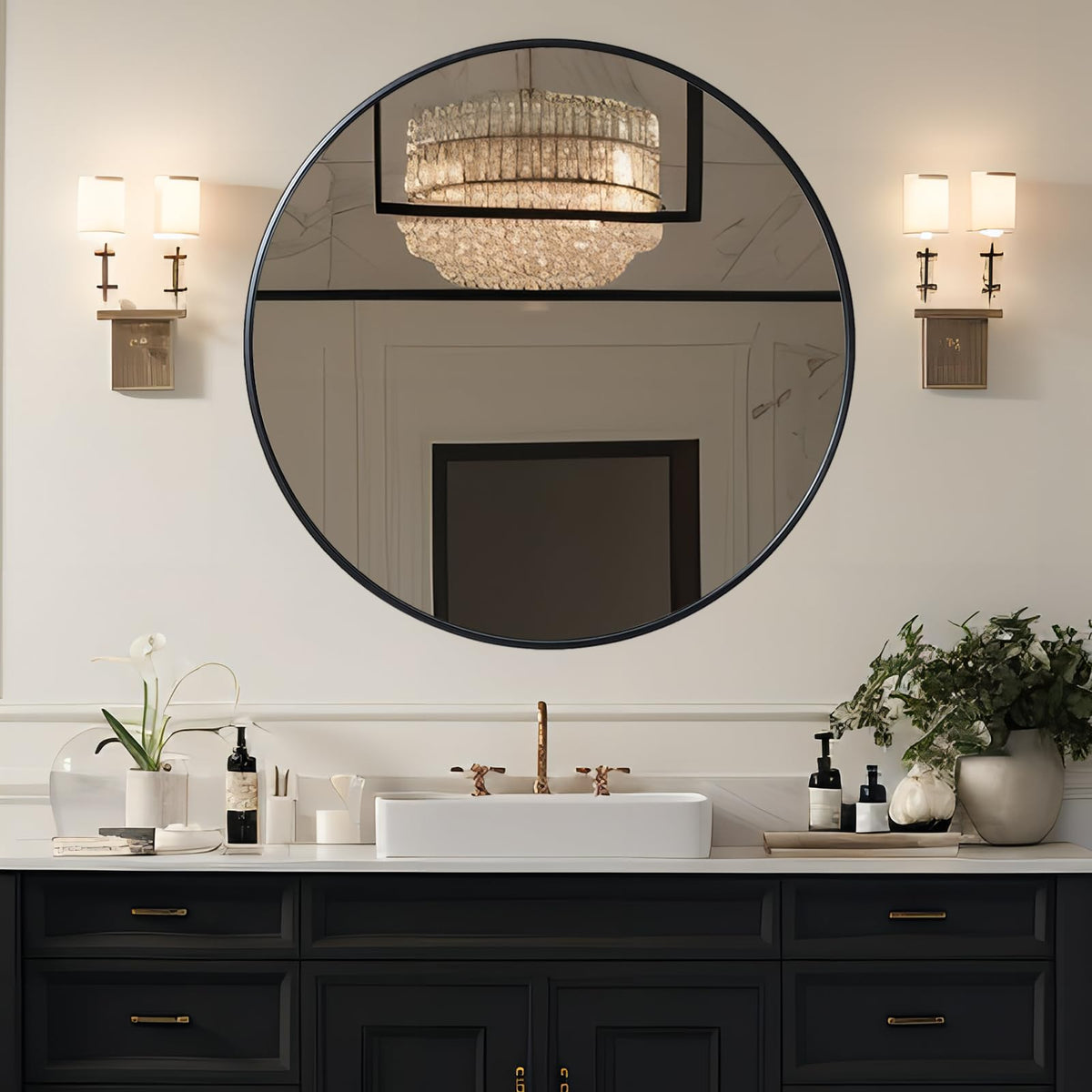 39 inch Black Round Mirror, Large Wall Mounted Circle Mirror Metal Frame, Entry, Dining Room, & Living Room