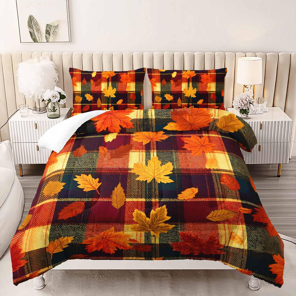 Autumn Maple Plaid Bedding Set 3 Piece, 1 Comforter + 2 Pillowcases, Orange Red Leaves Black Tartan Checks