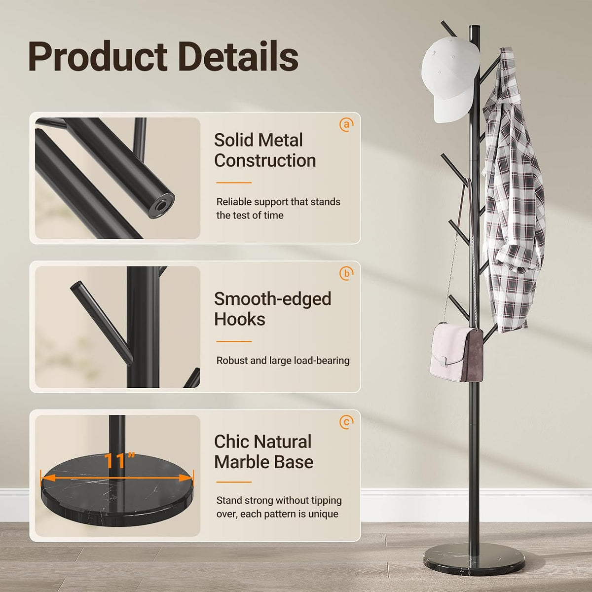 Coat Rack Freestanding, Metal Coat Rack with Natural Marble Base | 10 Hooks, 3 Adjustable Heights, Heavy Duty Coat