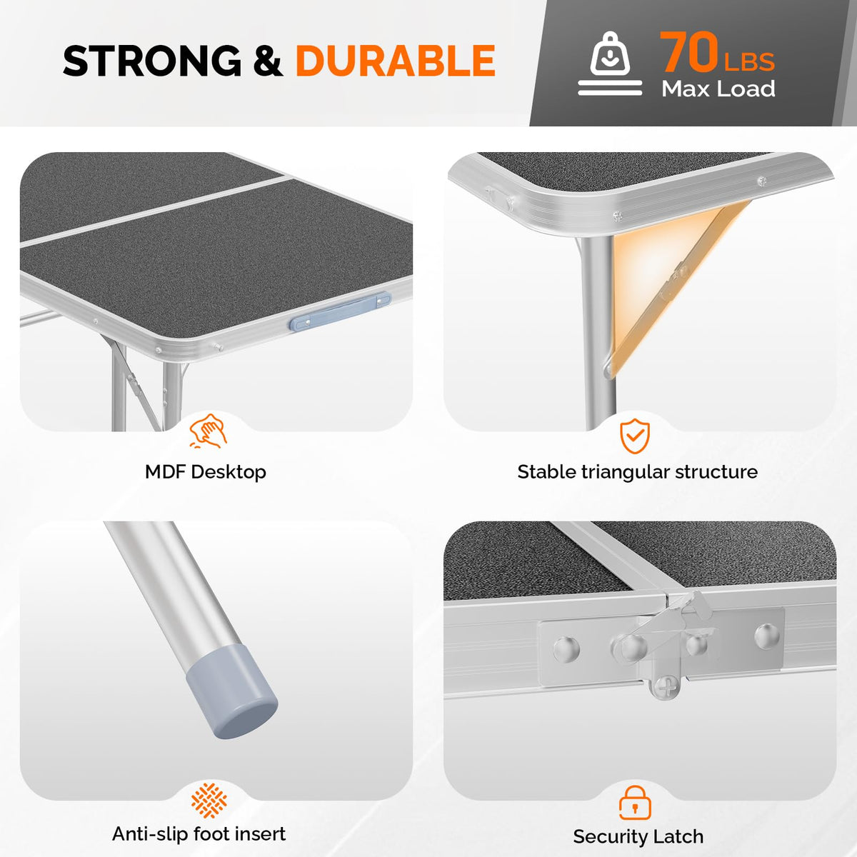 3FT Small Camping Table Adjustable Height Aluminum Folding Table for Picnic Party BBQ, Plastic RV Suitcase Table