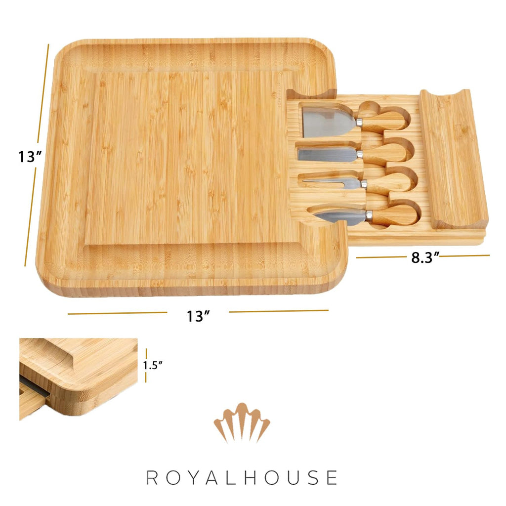 Bamboo Cheese Board and Knife Set with Slide-Out Cutlery Drawer