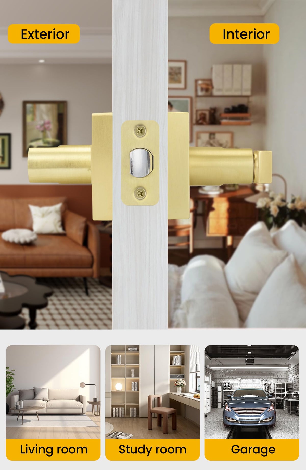 Brushed Gold Door Handle with Lock and Key, Keyed Entry 1 Pack