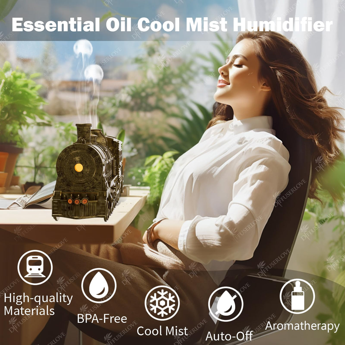 Essential Oil Diffuser Train Cool Mist Humidifier Quiet Aromatherapy Diffuser with Night Light Desk
