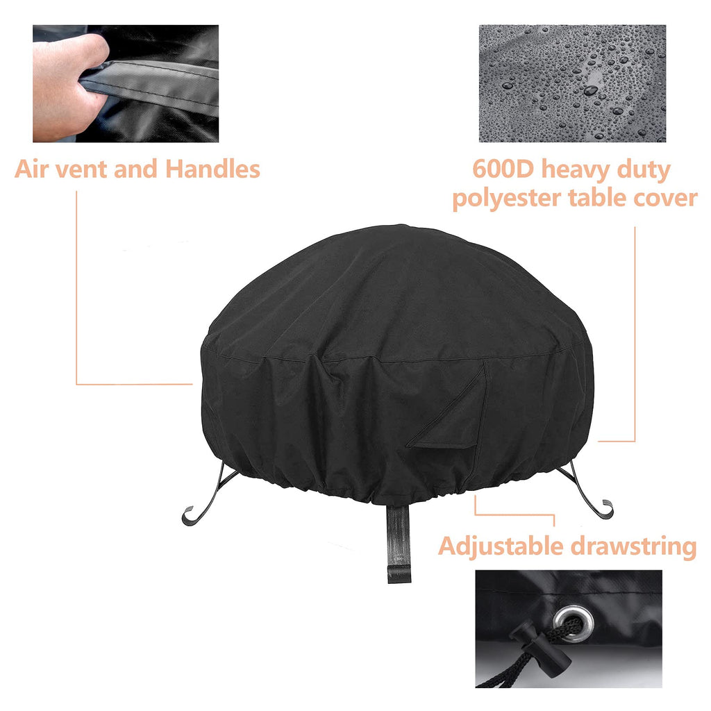 Round Fire Pit Cover 40-44 Inch 600D Heavy Duty Gas Firepit Cover with Drawstring and Handles, PVC Coating Waterproof
