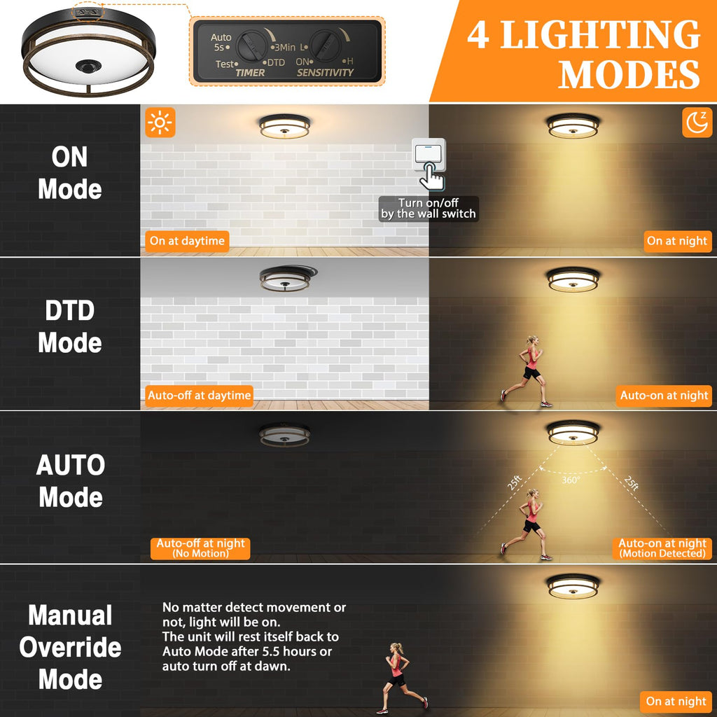 Motion Sensor Outdoor Ceiling Light, Outdoor Flush Mount LED Farmhouse Ceiling Light Fixtures, 12" Dusk to Dawn Porch