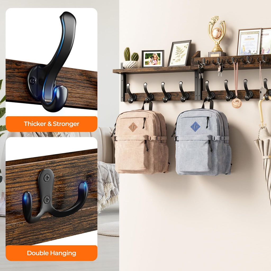 35" Coat Rack Wall Mount with Shelf, Rustic Brown