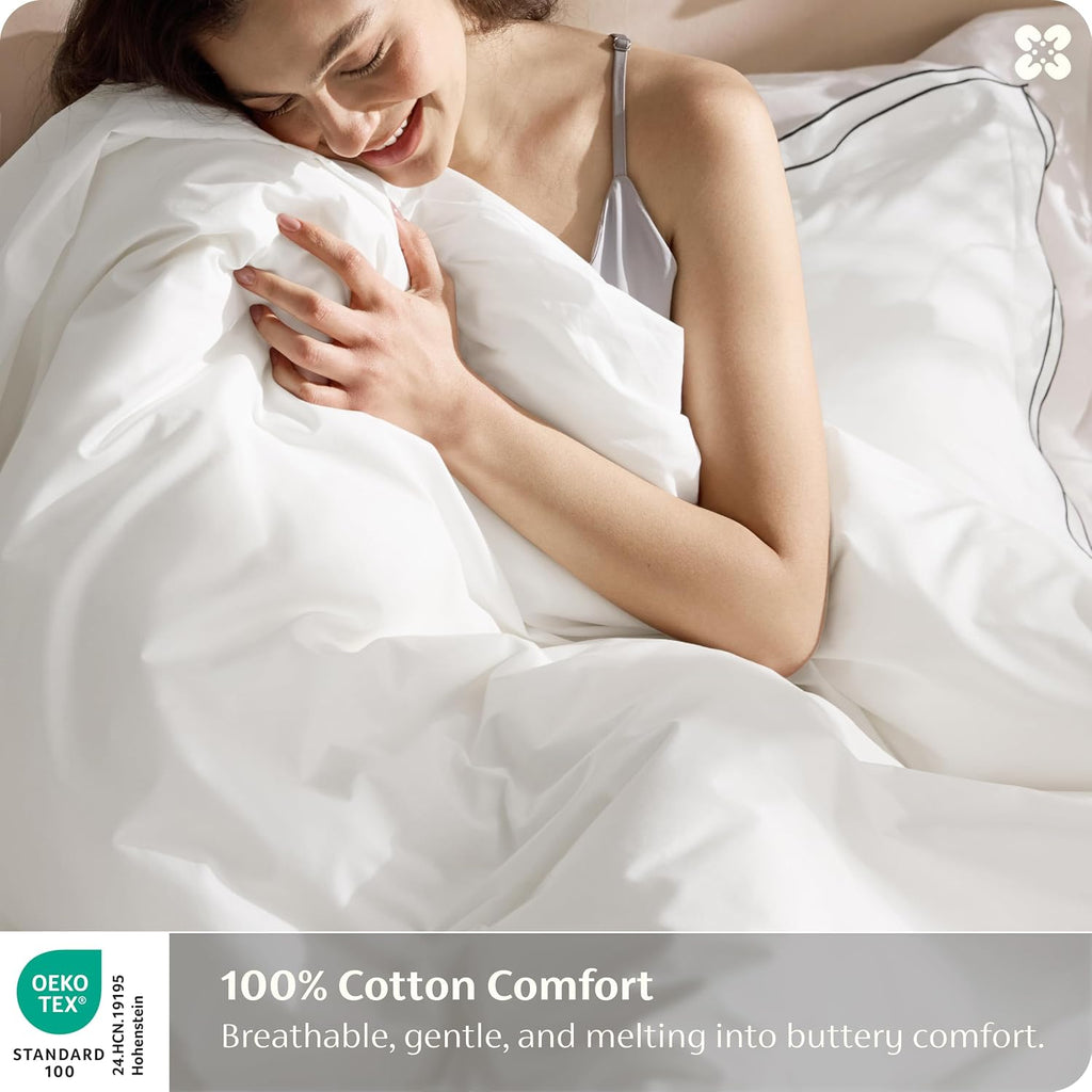 PureWoven 100% Cotton Percale Duvet Cover Queen, Leaf Edge, White
