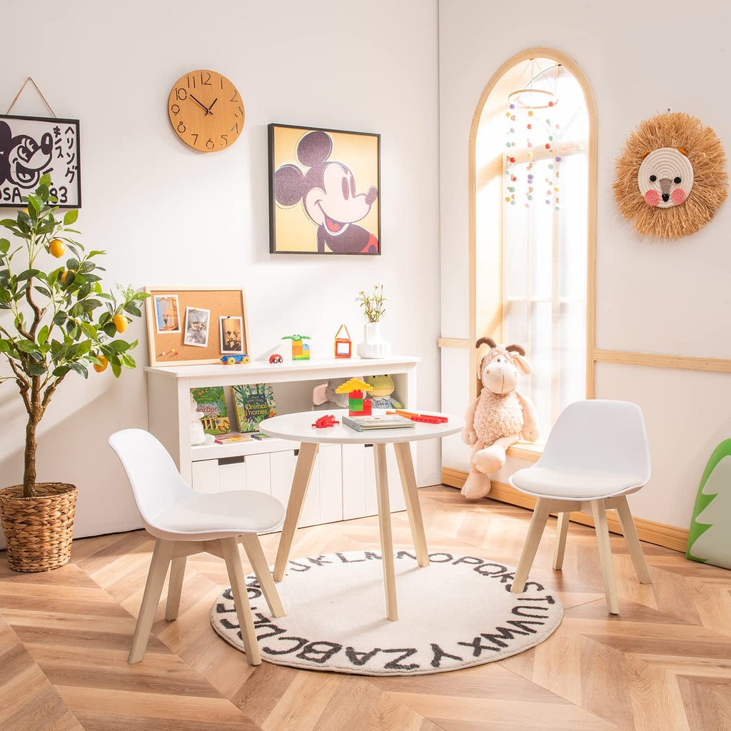 Kids Table and Chair Set, 3 PCS Wood Activity Play Table w/Padded Seat & Wood Legs for Arts, Crafts, Reading