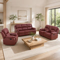 Manual Reclining Couch Sofa Set with Drop-Down Table, 3 Pieces Brown Leather Recliner Couch Sets, Living Room