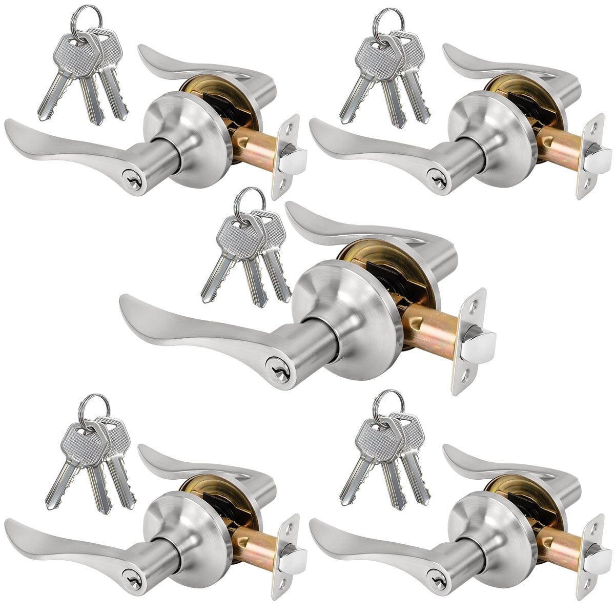 Keyed Entry Door Lever, Door Handle with Lock and Key, Exterior & Interior Door Handle, Wave Style Lever Satin