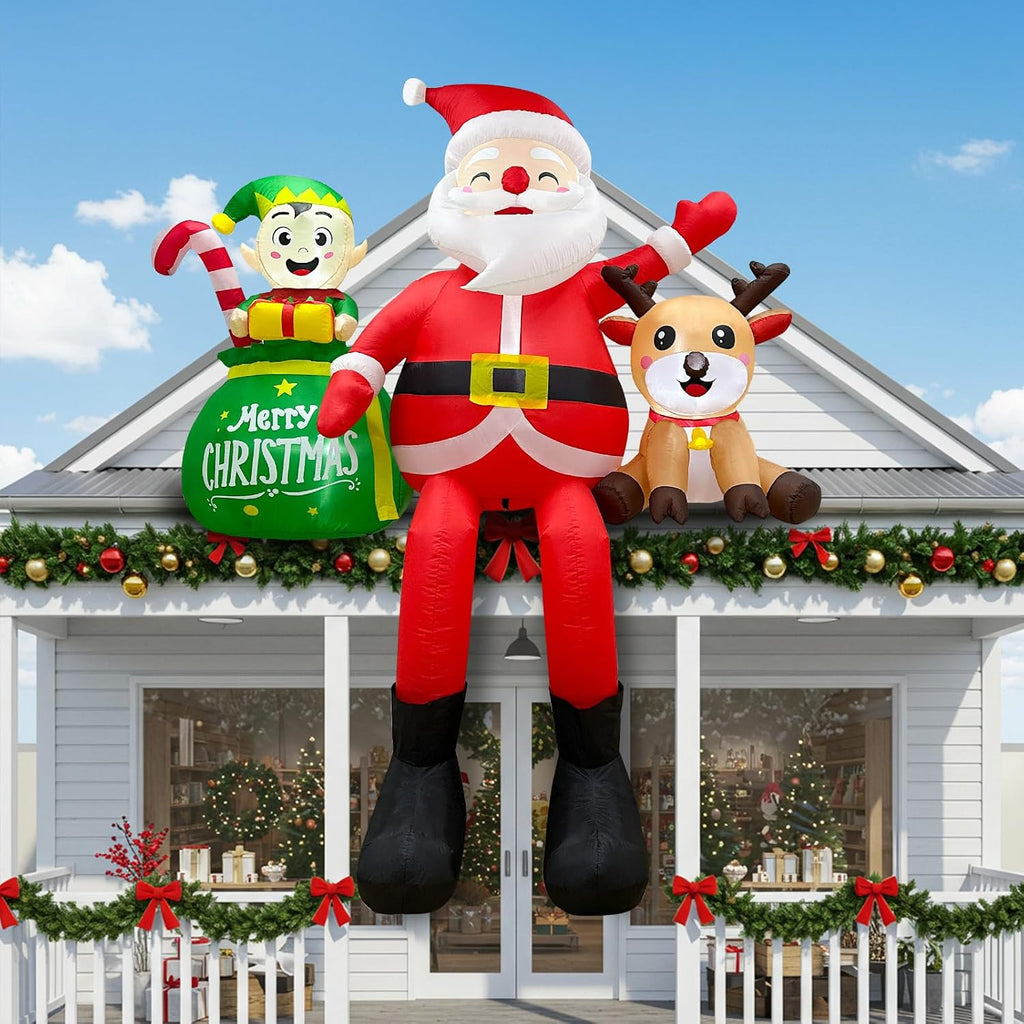 8FT Christmas Inflatables Outdoor Decoration, Climbing Inflatable Santa Claus Decor with Reindeer Elf & Built-in