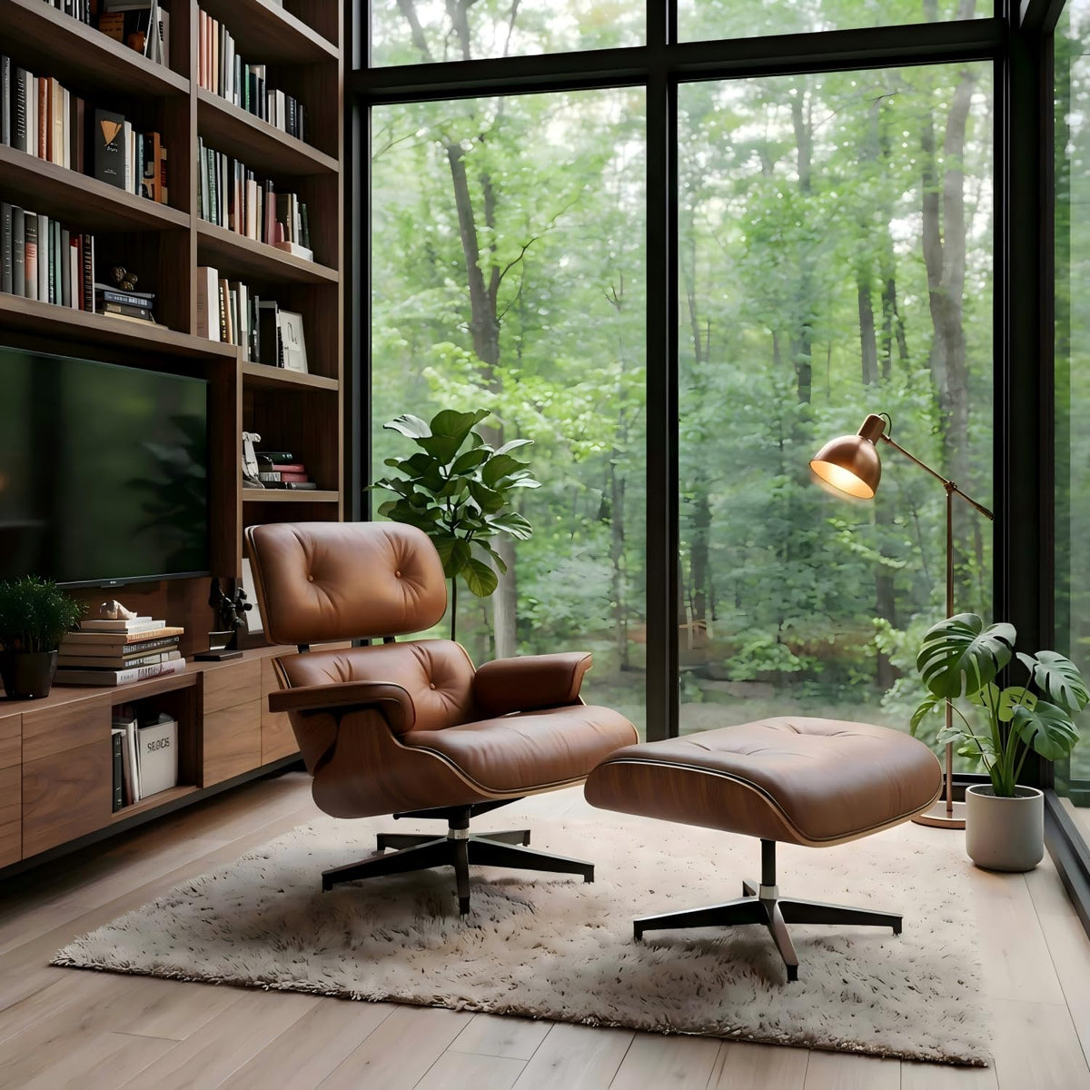 Inspired Eames Style Top Black Grain Leather Mid Century Chaise Lounge Chair and Ottoman, Reading Chair, Leather Accent Chair, Modern