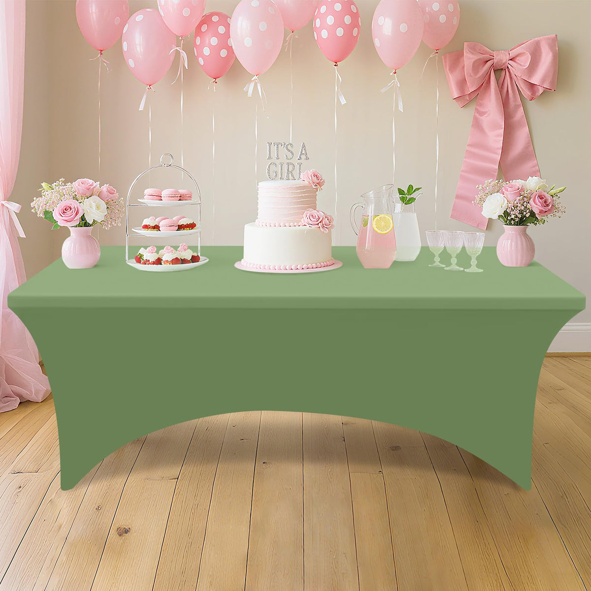 2 Pack Spandex Table Cloth 8FT, Elastic Fitted Sage Green Tablecloth