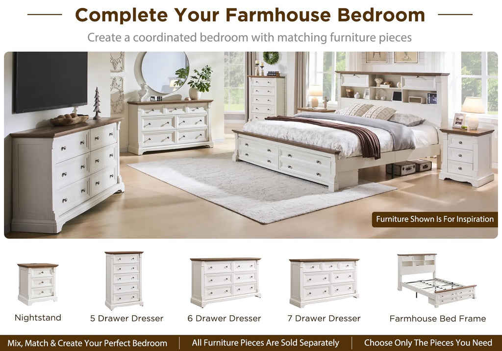 Farmhouse Bed Frame with 2 Drawers & 4 Bookcases On The Headboard