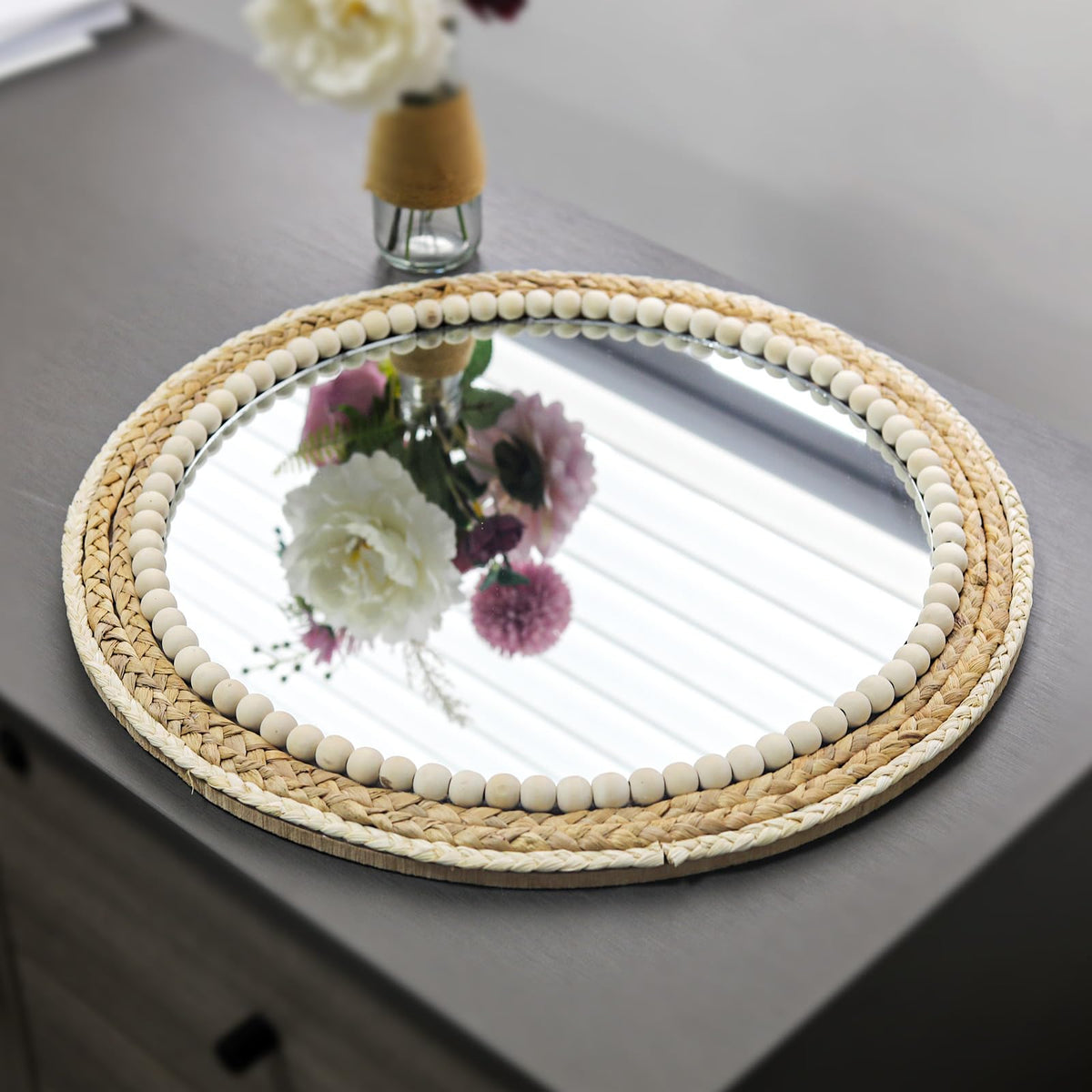 18 Inch Boho Round Hanging Wall Mirror Decorative Rattan Circle Mirrors for Farmhouse, Living Room, Bedroom