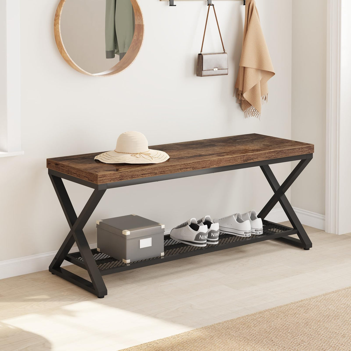 Rustic Brown Entryway Bench, 39" Industrial Shoe Bench with Storage