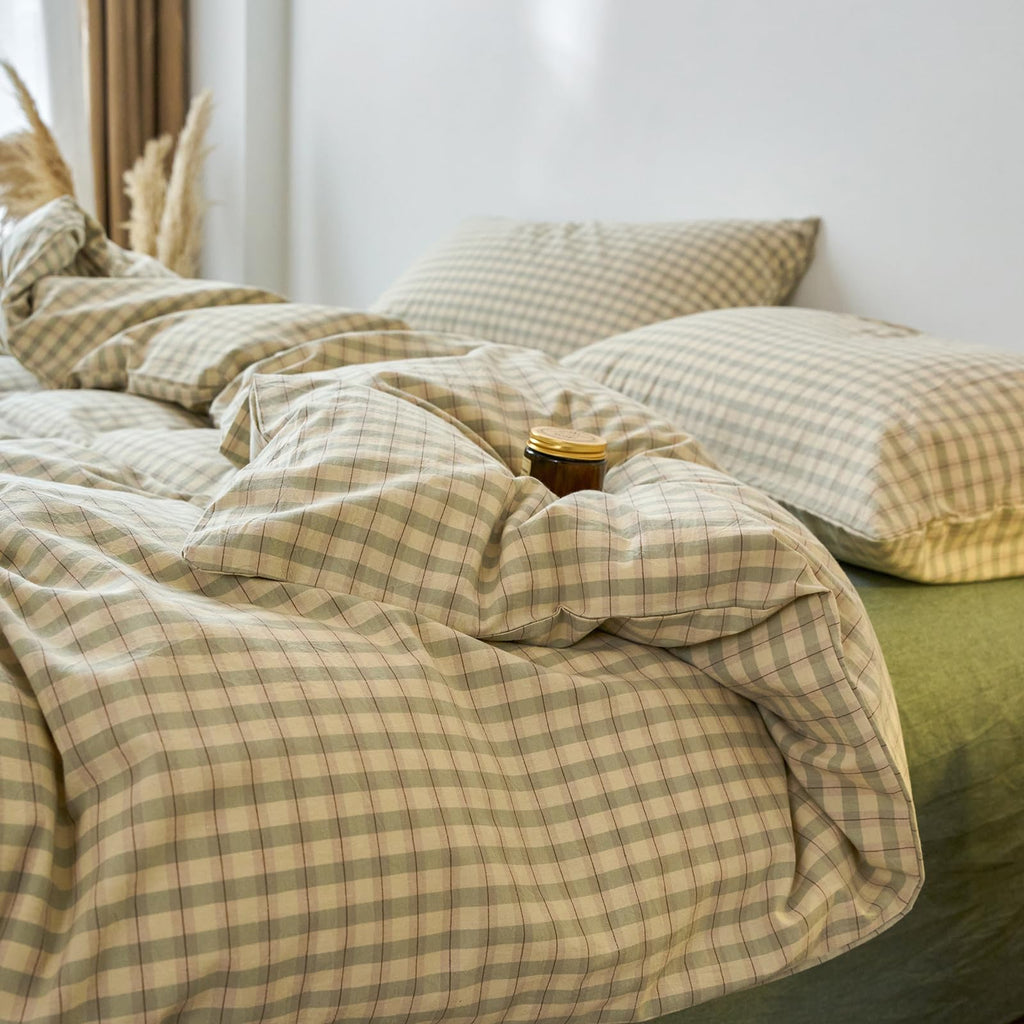 Green Gingham Duvet Cover Set 100% Washed Cotton Grid Duvet Cover Vintage Green Beige Plaid Checkered Bedding