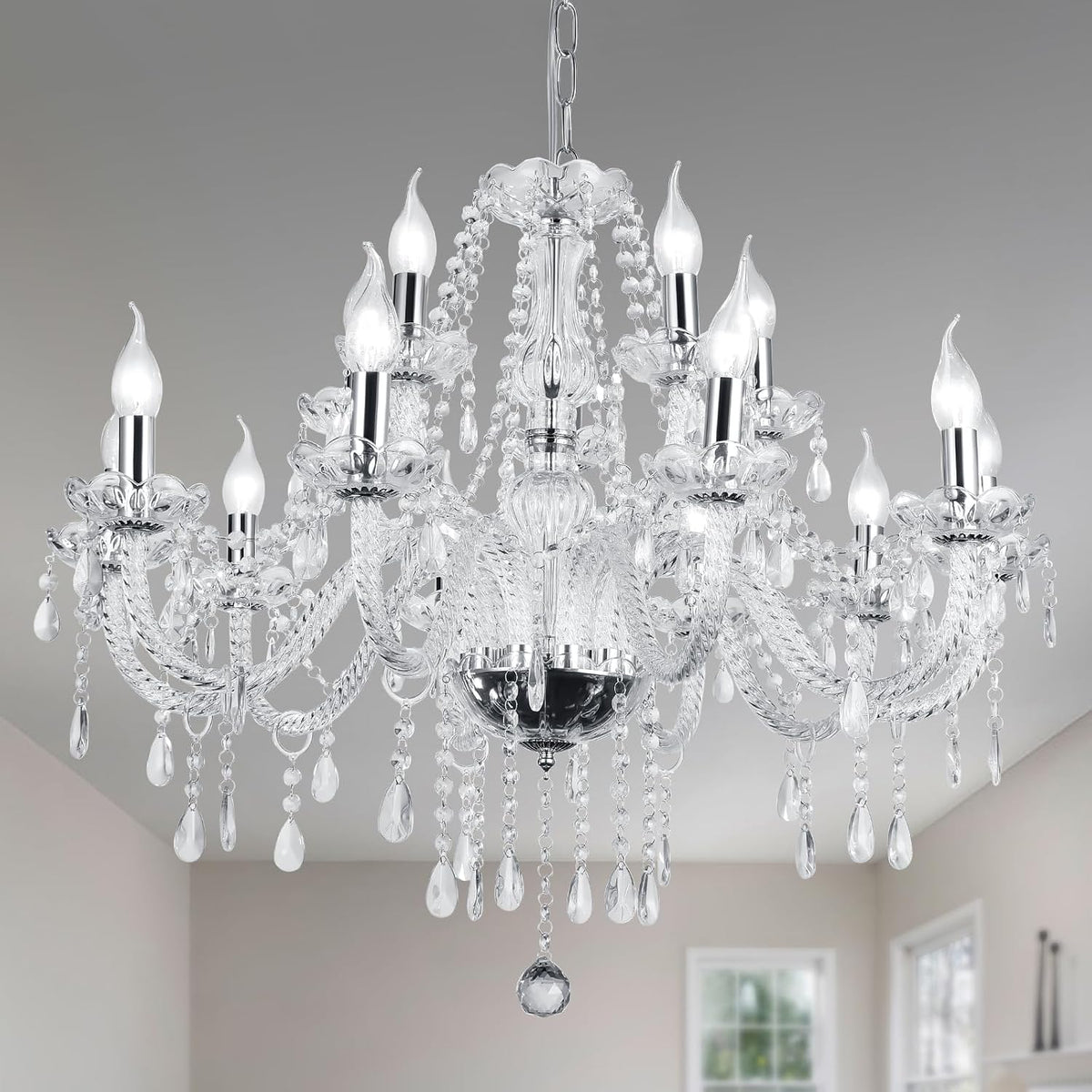 Twelve-Light Modern K9 Crystal Glass Chandelier with Faceted Prisms