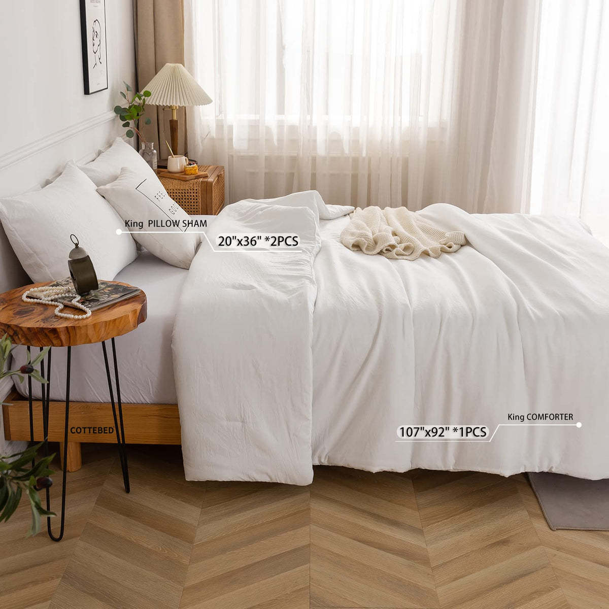 White Comforter Set Bed, Luxury Hotel Super Soft Fluffy Washed Cotton, 1 Down Comforter 2 Pillowsham