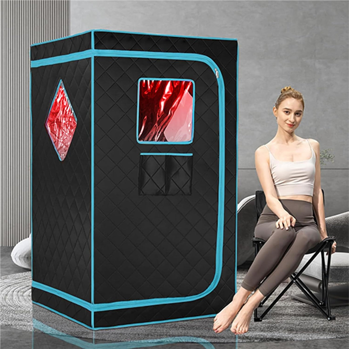 Portable Full Size Infrared Saunas for Home, One Person Full Body Home Spa Tent with Heating Foot Pad, Remote Control, Reinforced Foldable Chair (Black)