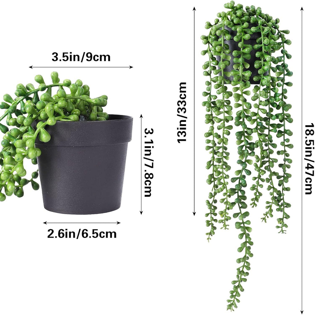 String of Pearls Plant Artificial, 2pcs Faux Plants Indoor in Black Pots, Realistic Green Fake Succulent Hanging