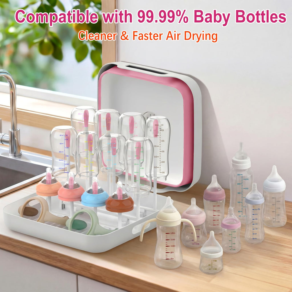 Collapsible Baby Bottle Wash Basin w/Drying Rack & Drain Plug, Pink