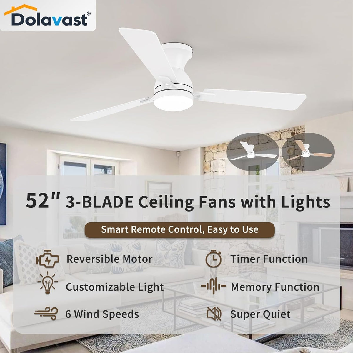 52" Flush Mount Ceiling Fan with Light & Remote