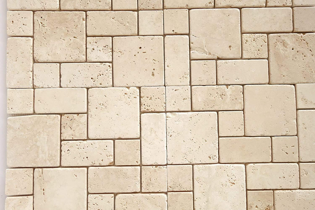 Ivory/Beige Travertine Tumbled 3-Pieced Mini-Pattern Mosaic Tile -1 Sheet