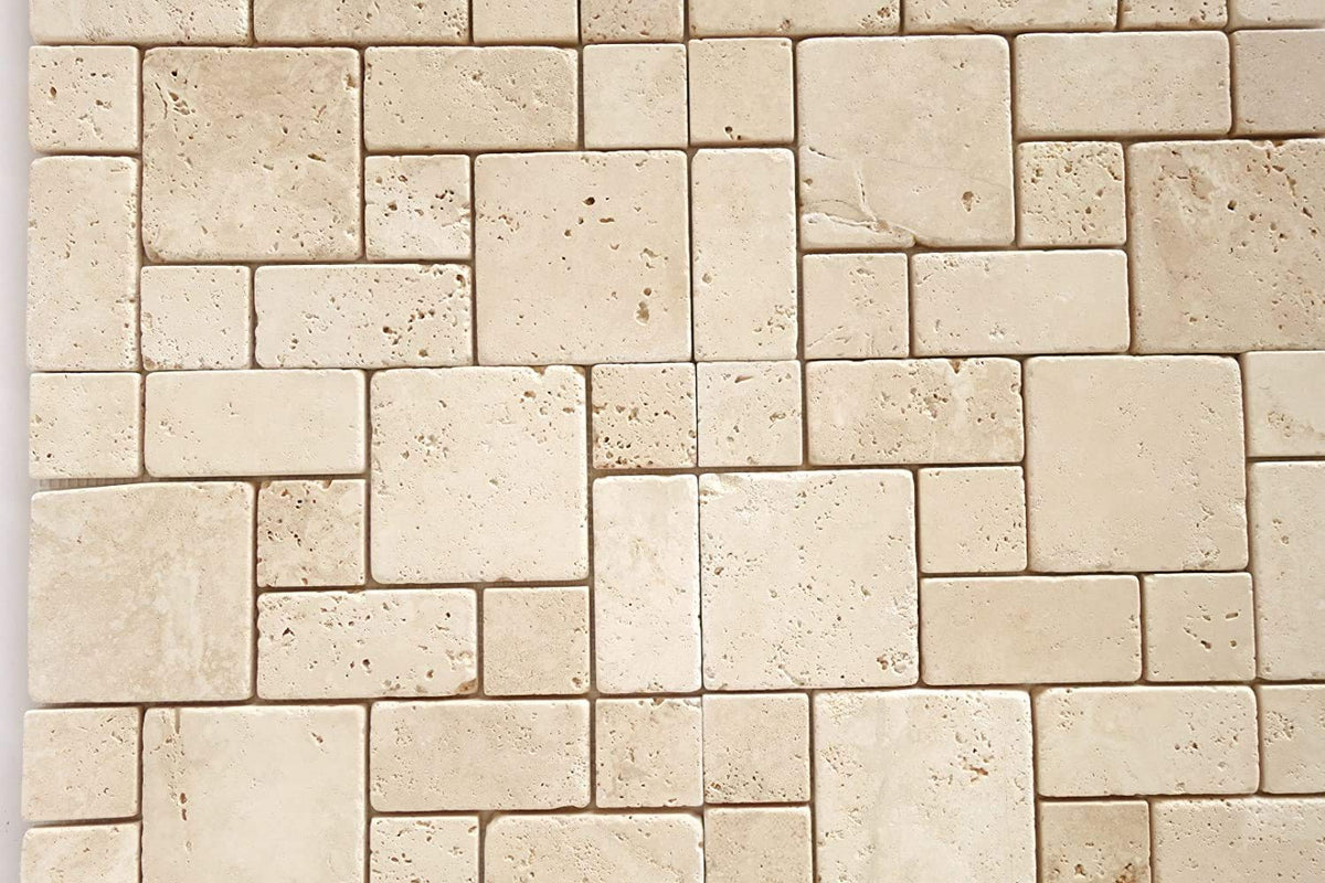 Ivory/Beige Travertine Tumbled 3-Pieced Mini-Pattern Mosaic Tile -1 Sheet