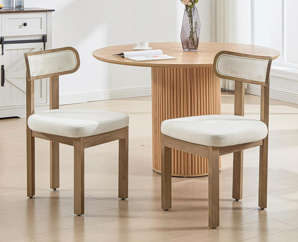 Farmhouse Dining Chairs Set of 2, Upholstered Linen Dining Room Chairs with Curved Backrest and Wood Legs for Kitchen or Restaurant, Beige