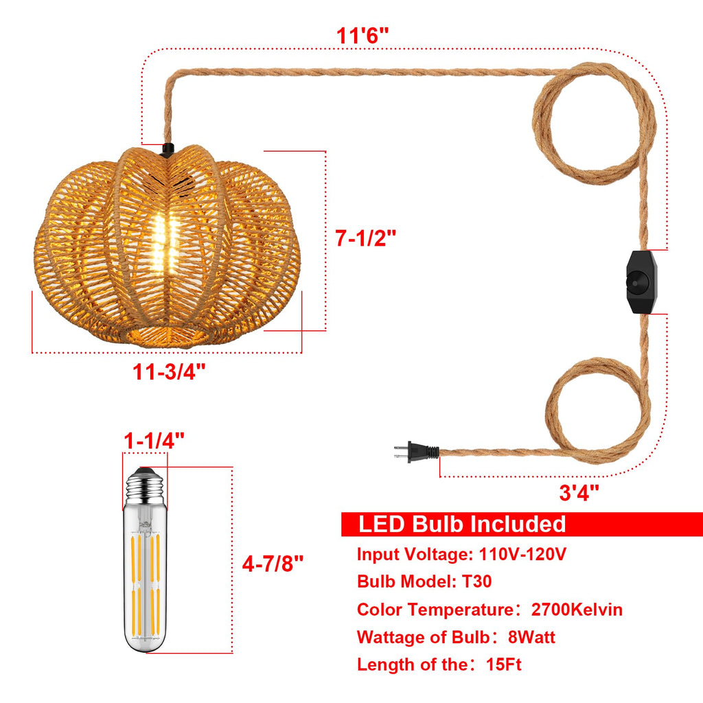 Plug in Pendant Light Rattan Hanging Lights with Plug in Cord 15FT Hemp Rope Cord, Dimmable Switch - Indoor Hanging