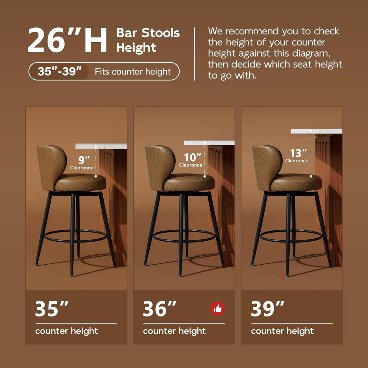 Bar Stools Set of 4, 26" Counter Height Swivel Leather Bar Stools, Upholstered Barstools with Back & Footrest Metal