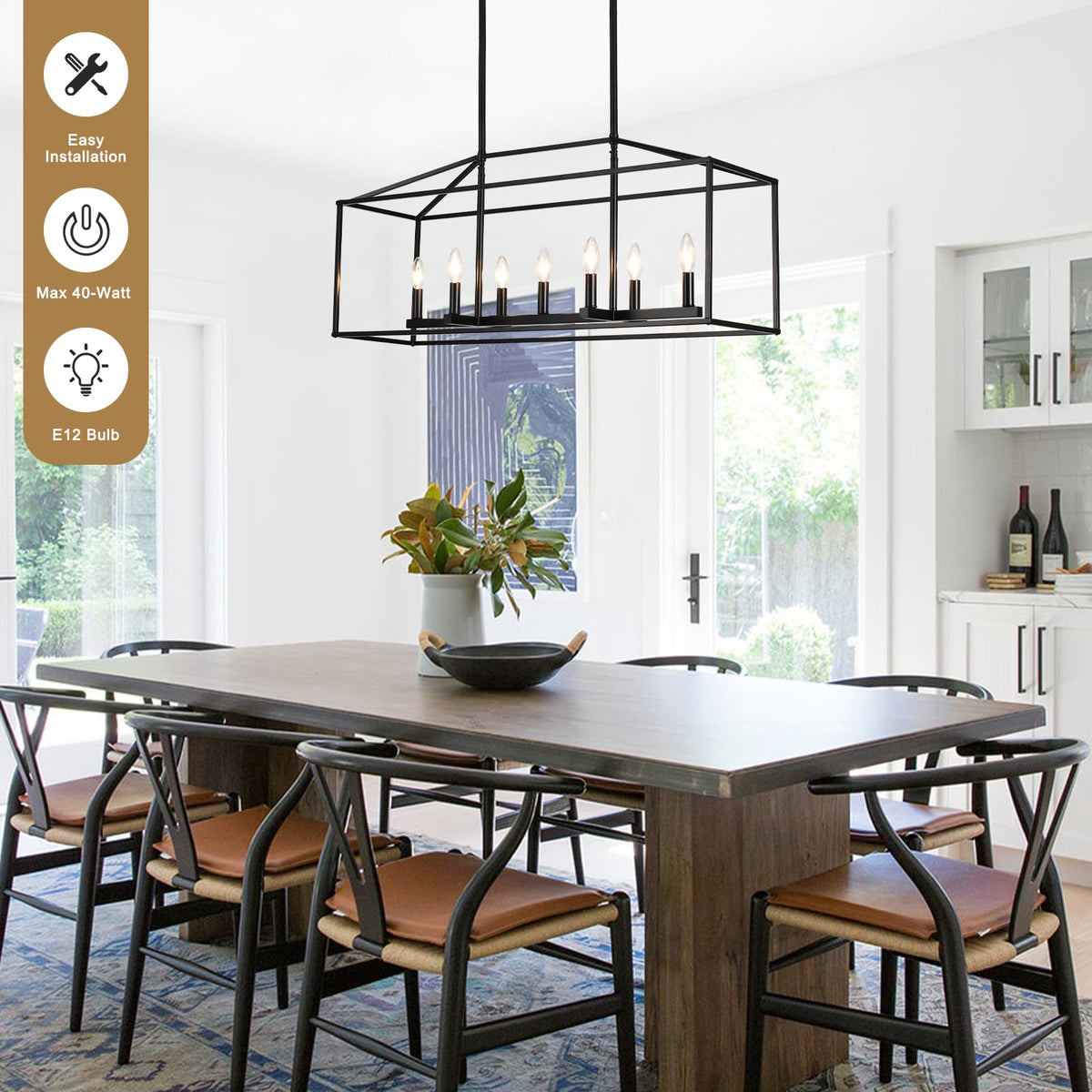 38" 7-Light Black Large Modern Farmhouse Rectangular Chandelier
