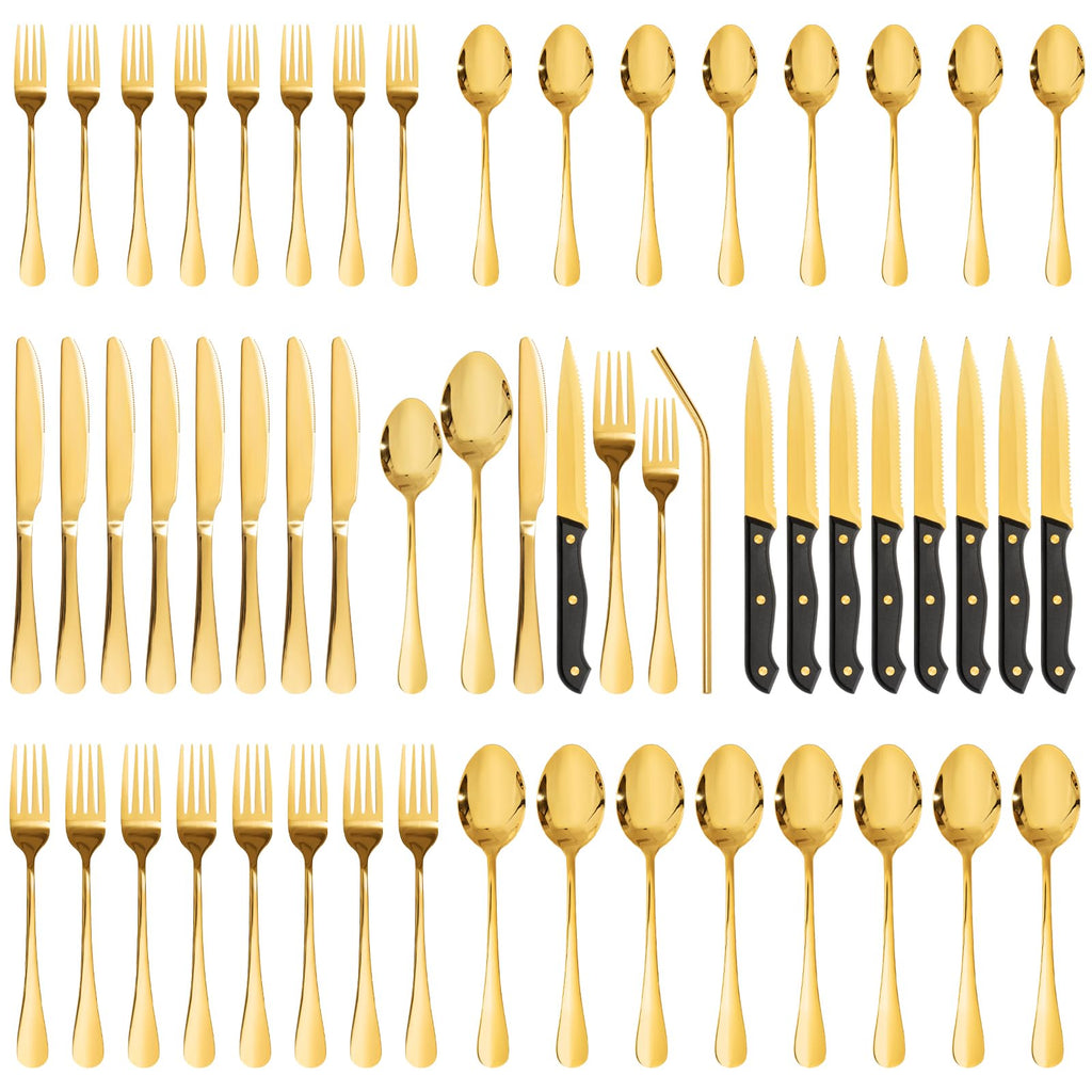 Silverware Set 48-Piece Gold Flatware Set with Steak Knives Food-Grade Stainless Steel Cutlery Set for 8 Mirror