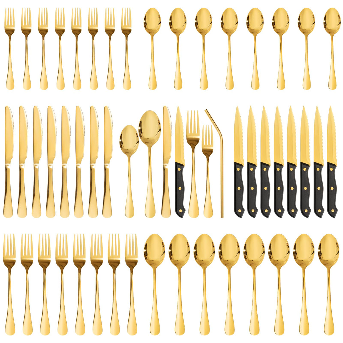 Silverware Set 48-Piece Gold Flatware Set with Steak Knives Food-Grade Stainless Steel Cutlery Set for 8 Mirror