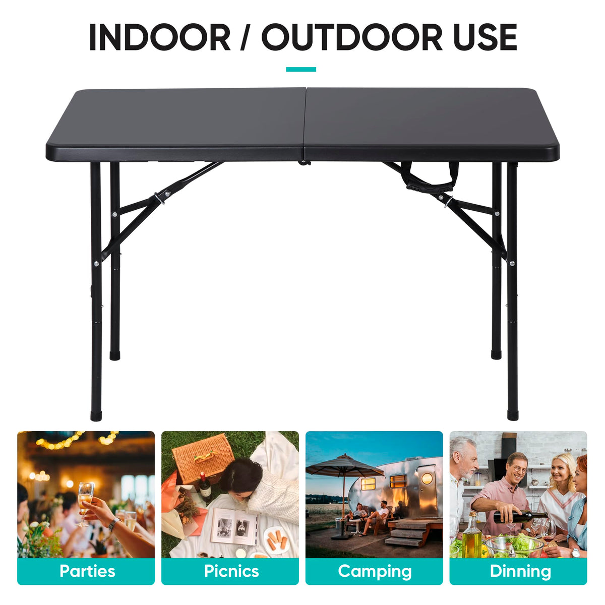 4ft Portable Folding Table Plastic Indoor Outdoor Picnic Party Camp Dining Table with Handle, Black