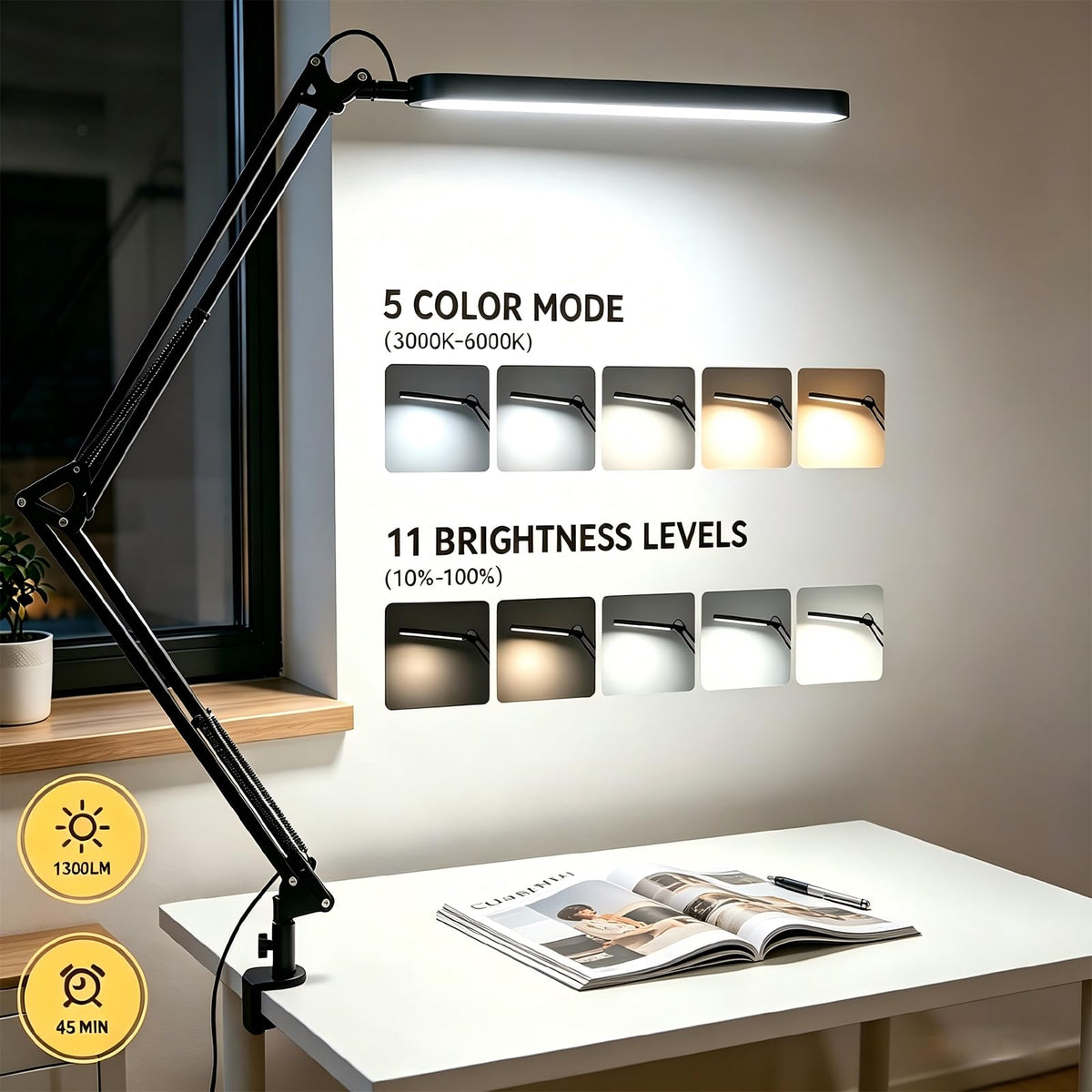 Desk Lamp, Eye Comfortable LED Desk Light for Long Hours, Adjustable Swing Arm with Memory Function, Black