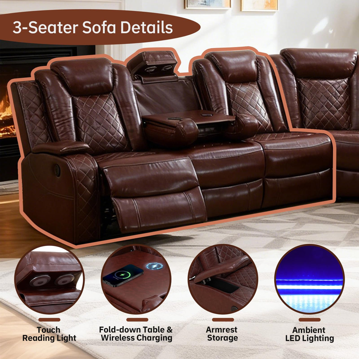 Power Recliner Sofa Set, Living Room Furniture Sets, Leather Sectional Sofa Set with Reclining Chair, LED Lights, Cup