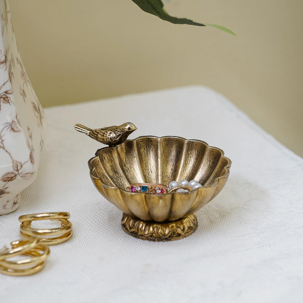 Vintage Gold Bird Jewelry Bowl, Small Metal Ring Trinket Dish