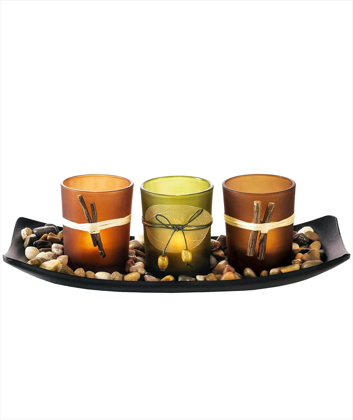 Decorative Votive Candle Holders, Vintage Decor Flameless Candlescape Set, 3 LED Tea Light Candles, Rocks and Tray