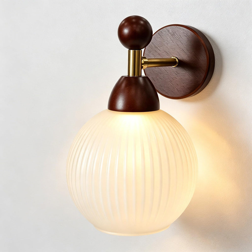 Mid Century Vintage Wall Sconce Ribbed Milk Glass Walnut Wood Light Fixture