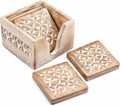 Wooden Coasters with Holder Stand | Whitewash Distressed Wooden Drink Coasters for Coffee, Tea & Wine - Set of 6