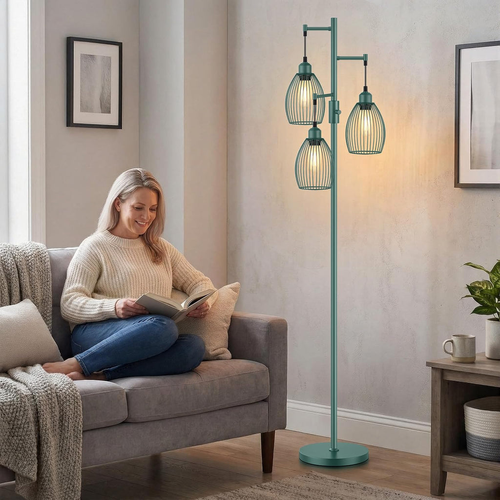 Dimmable Floor Lamp, Industrial Floor Lamps, Green Tree Lamp Standing Lamp Tall Lamps with 3 Elegant Teardrop Cage