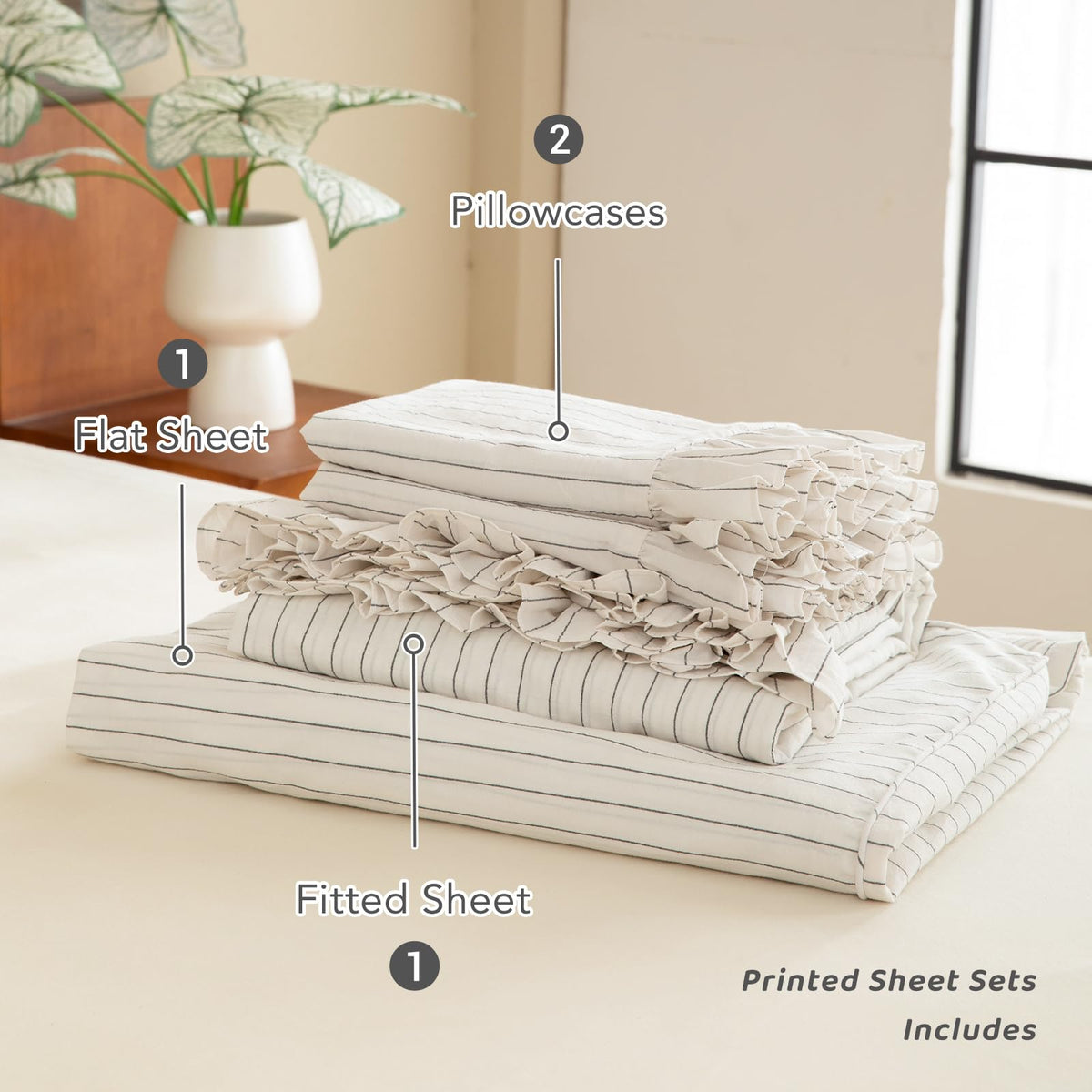White Grey Stripe Sheet Set, Ruffle, Cotton, 17.5" Deep Pocket