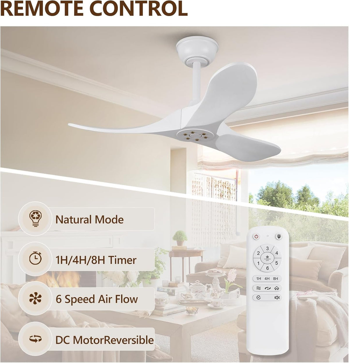 Inspired Maverick Style 36 Inch Solid Wood Ceiling Fan with Remote,White Ceiling Fan no Light,6 Speeds,Noiseless,Reversible DC Motor,Modern Ceiling Fans without Lights for Outdoor Indoor Bedroom Farmhouse,Patios