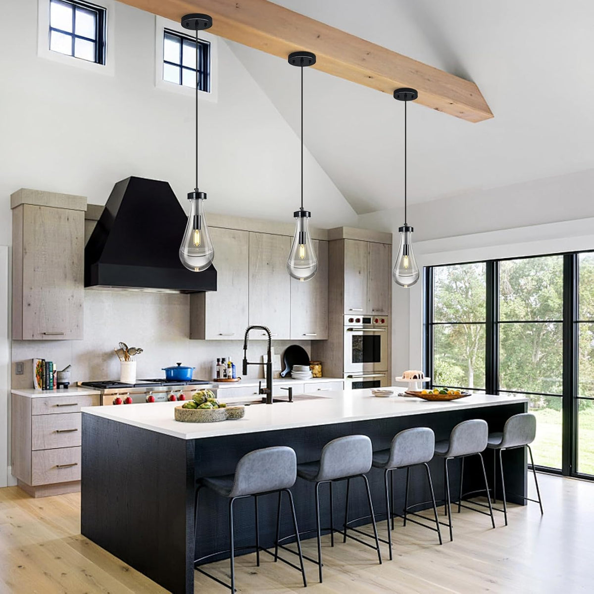 Raindrop Pendant Lights Kitchen Island Teardrop PlatingBlack Hanging Light Fixtures Clear Solid Glass Pendant Light Modern Chandeliers for Dining Room Porch Corridor Living Room(Black 2-Pack)