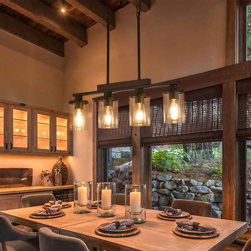 Wood Kitchen Island Lighting,4-Light Farmhouse Dining Room Light Fixture Matte Black Modern Chandeliers Over Table